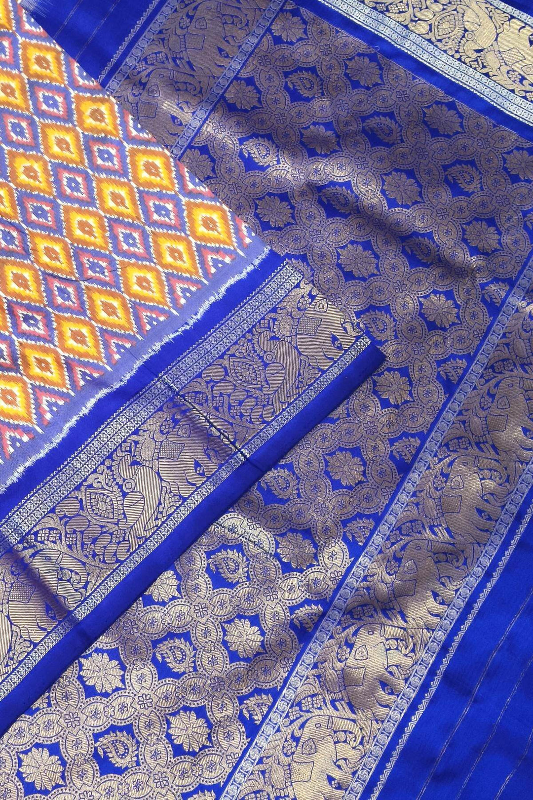 Ikkat pure silk saree in yellow & blue in diamond pattern