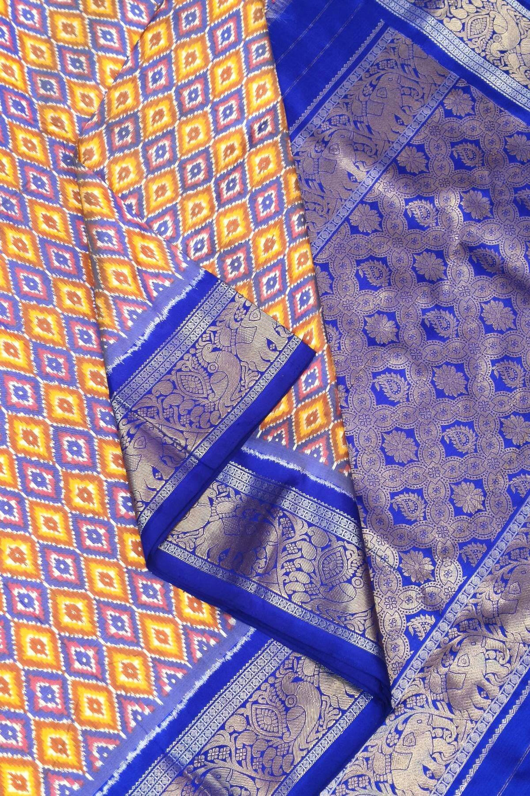 Ikkat pure silk saree in yellow & blue in diamond pattern