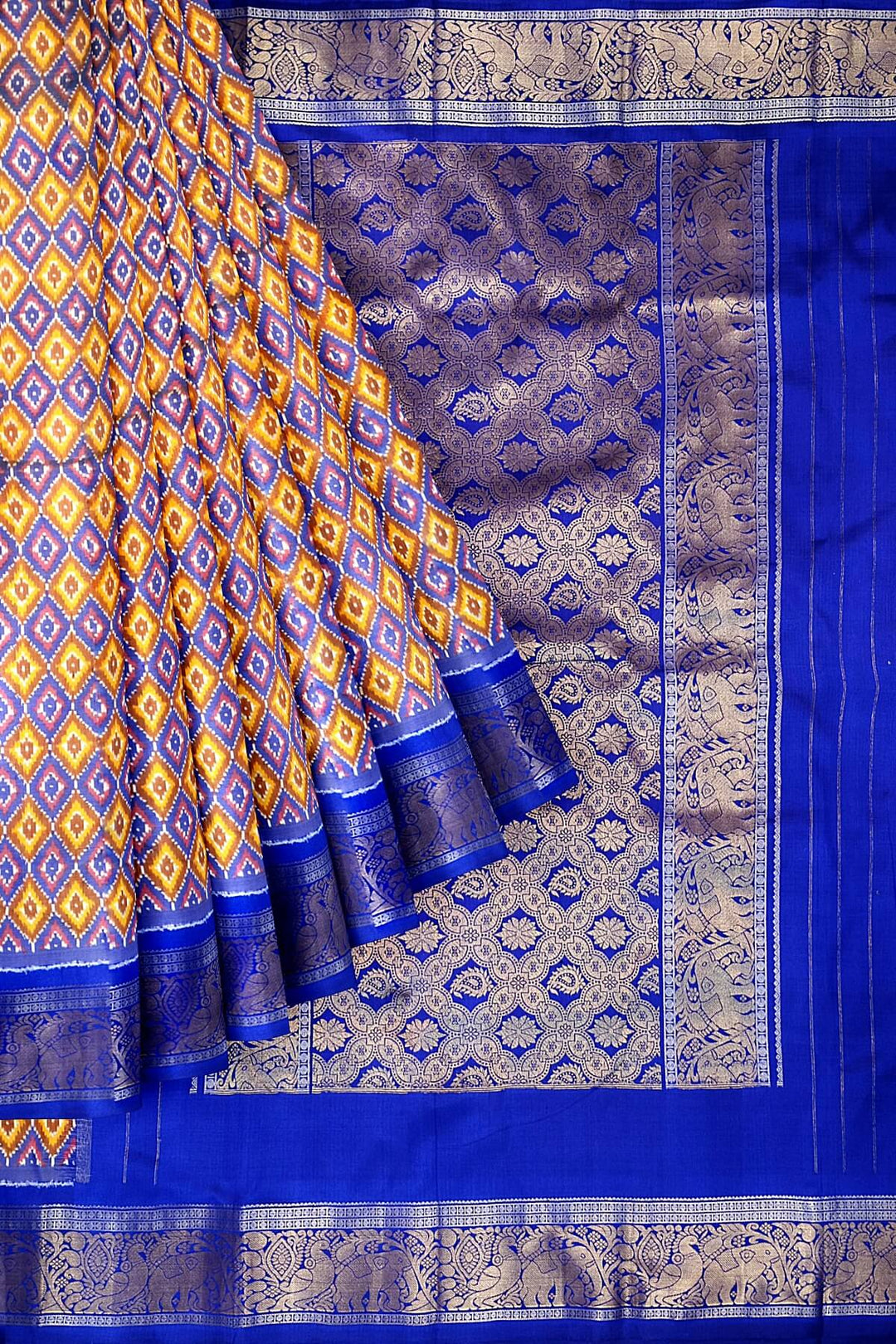 Ikkat pure silk saree in yellow & blue in diamond pattern