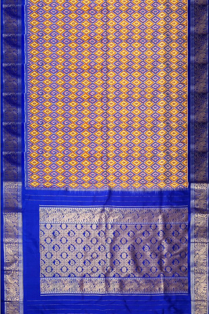 Ikkat pure silk saree in yellow & blue in diamond pattern