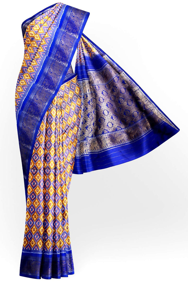 Ikkat pure silk saree in yellow & blue in diamond pattern