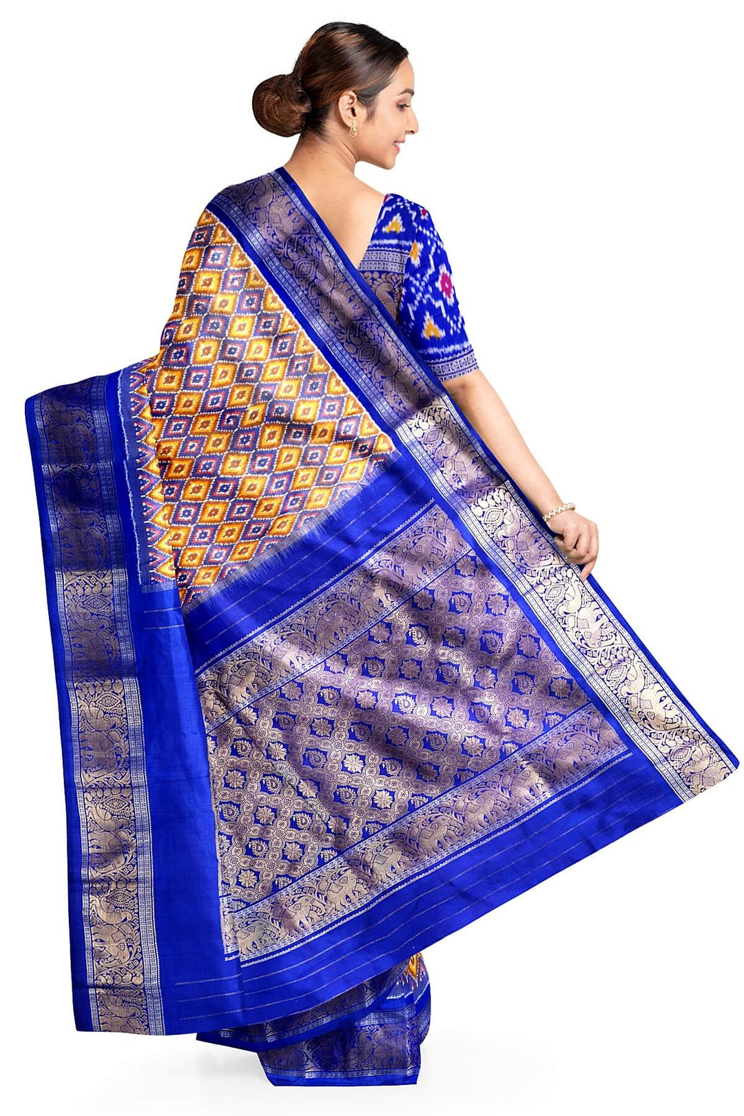 Ikkat pure silk saree in yellow & blue in diamond pattern