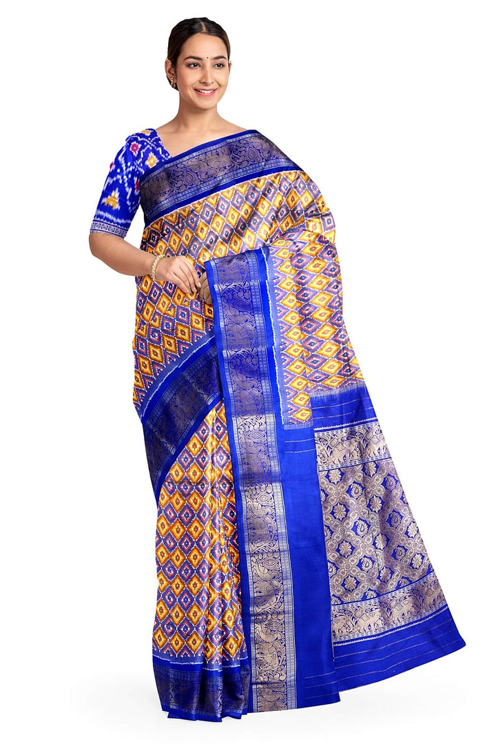 Ikkat pure silk saree in yellow & blue in diamond pattern