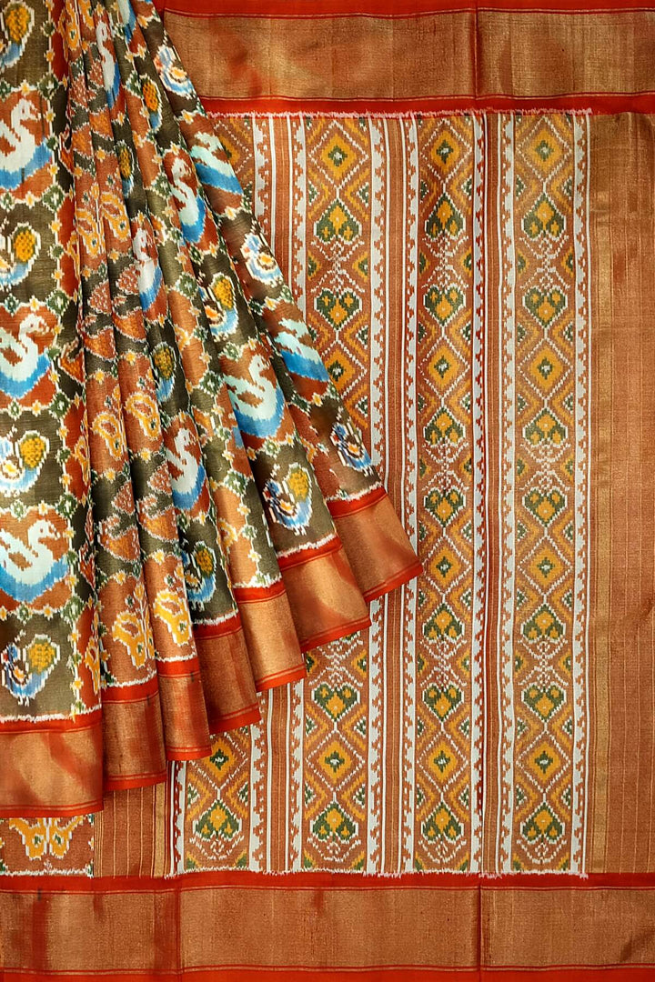 Ikkat silk tissue saree in multicolour with animal motifs