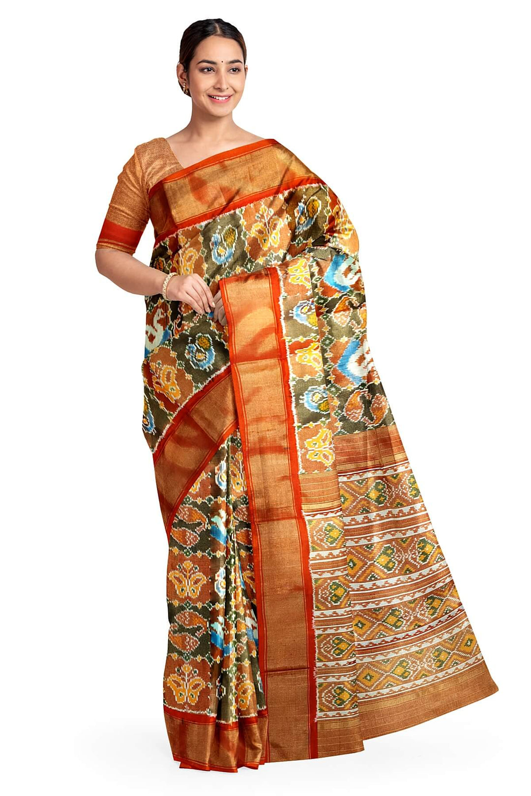 Ikkat silk tissue saree in multicolour with animal motifs