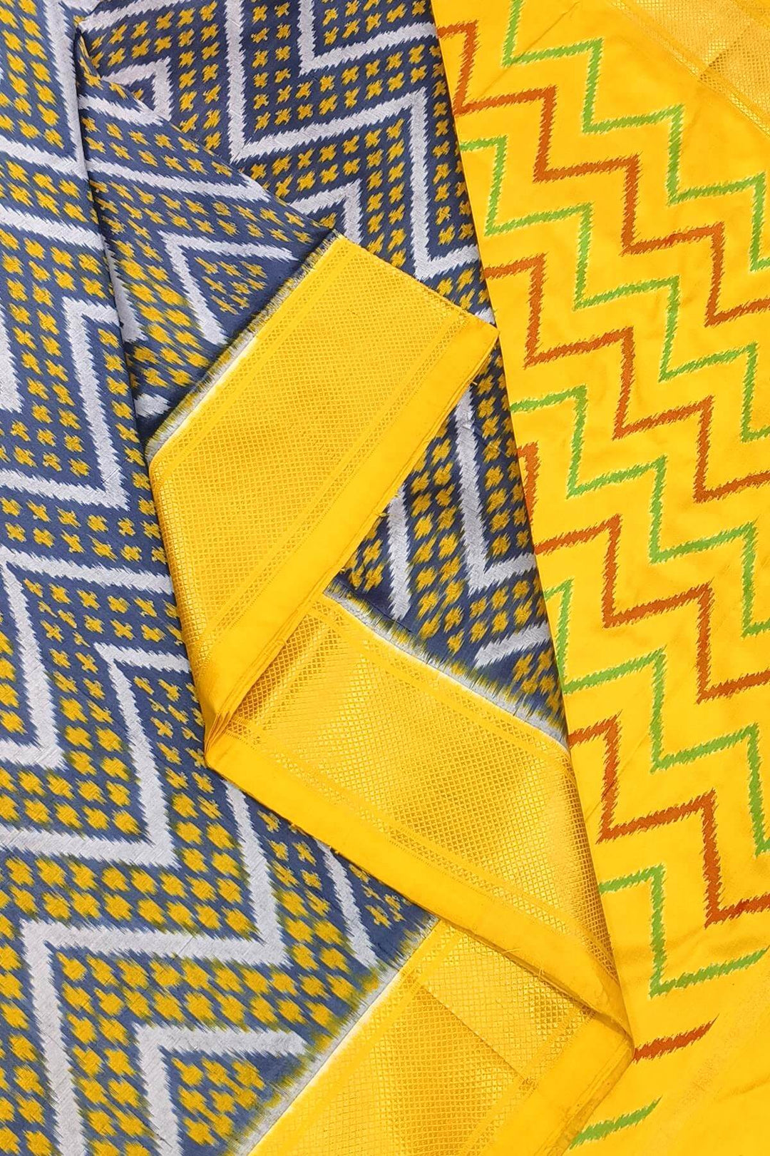 Ikkat pure silk saree in zig zag pattern in bluish grey