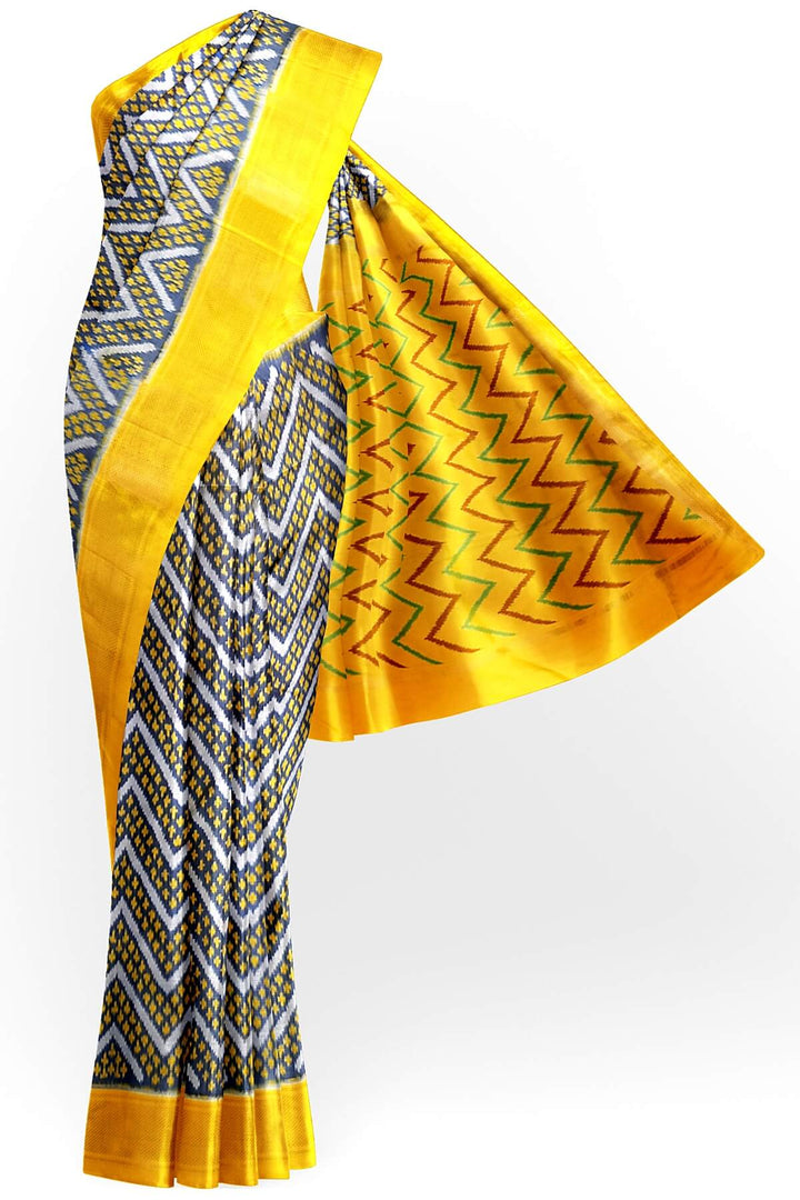 Ikkat pure silk saree in zig zag pattern in bluish grey