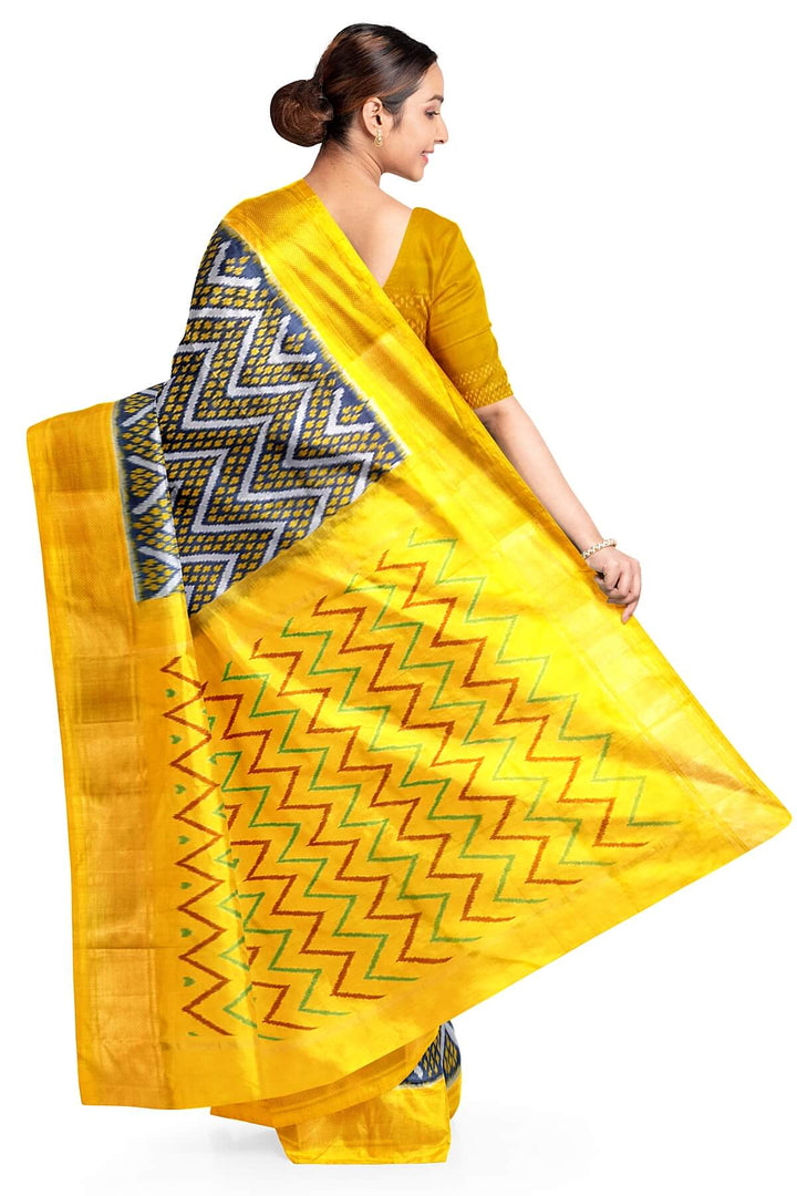 Ikkat pure silk saree in zig zag pattern in bluish grey