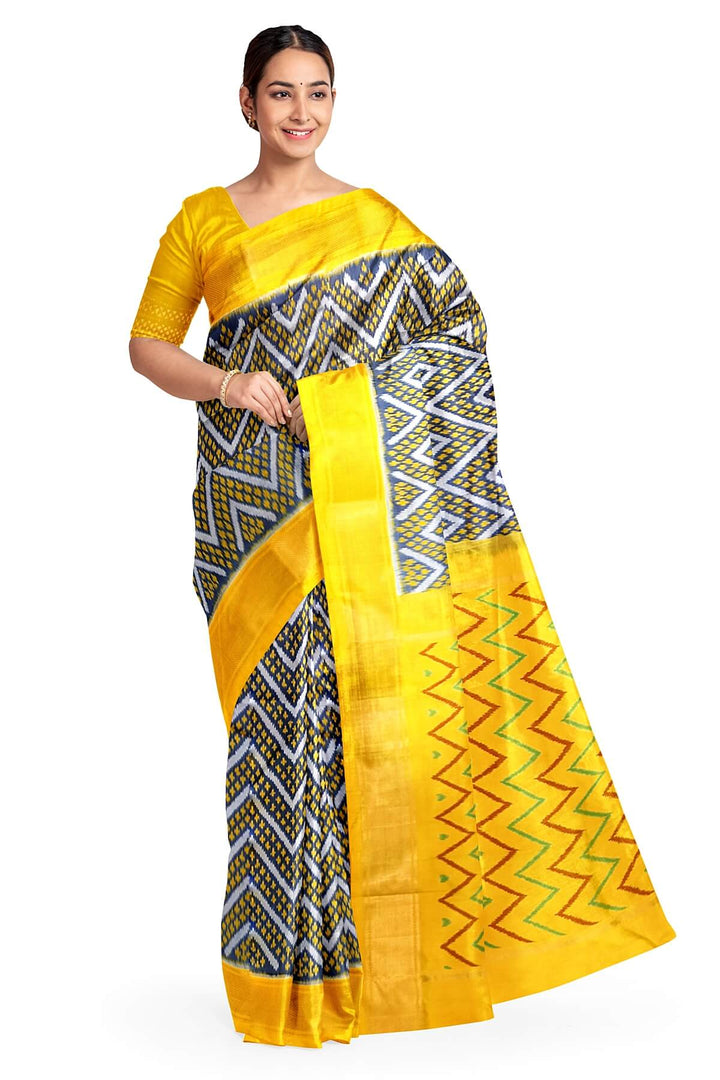 Ikkat pure silk saree in zig zag pattern in bluish grey