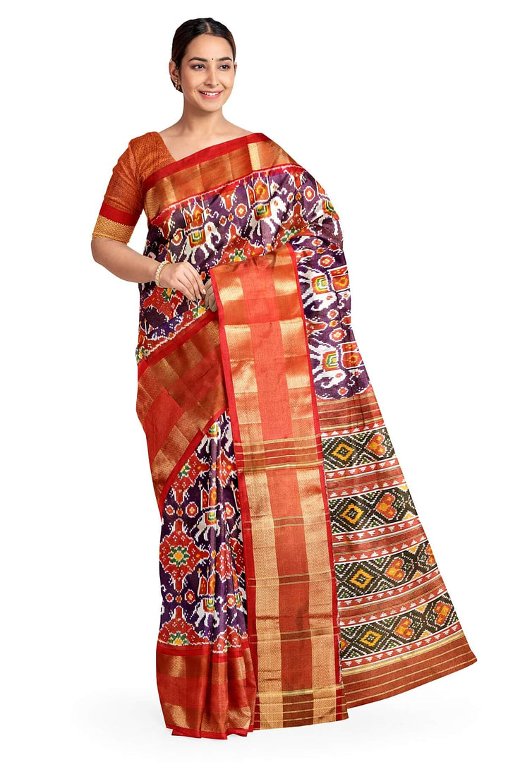 Ikat  silk tissue saree in wine in  chhabadi kunj