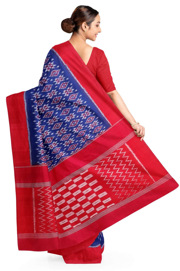 Handwoven ikat pure cotton saree in blue in 4 motif telia pattern