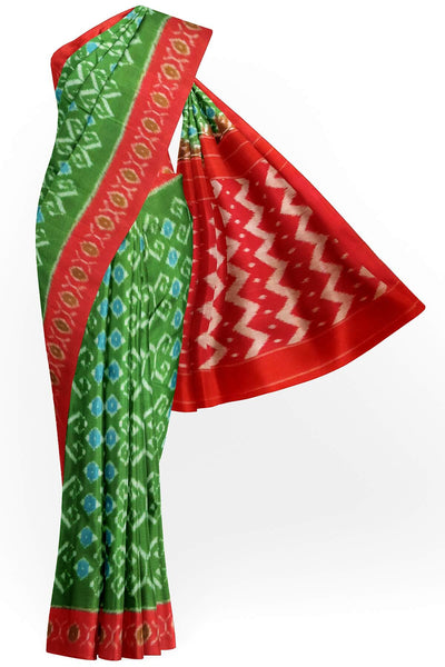 Handwoven ikat pure cotton saree in green with floral motifs