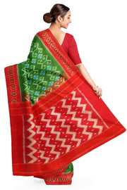 Handwoven ikat pure cotton saree in green with floral motifs