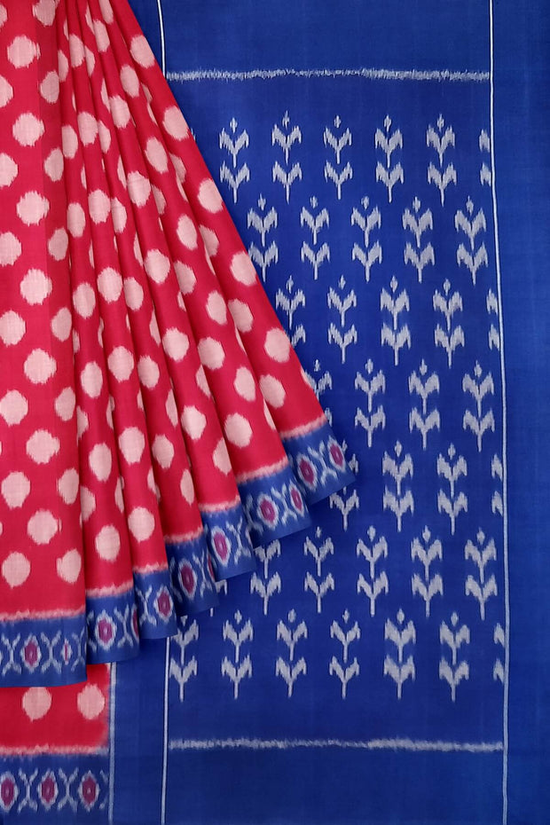 Handwoven ikat pure cotton saree in pink with polka dots