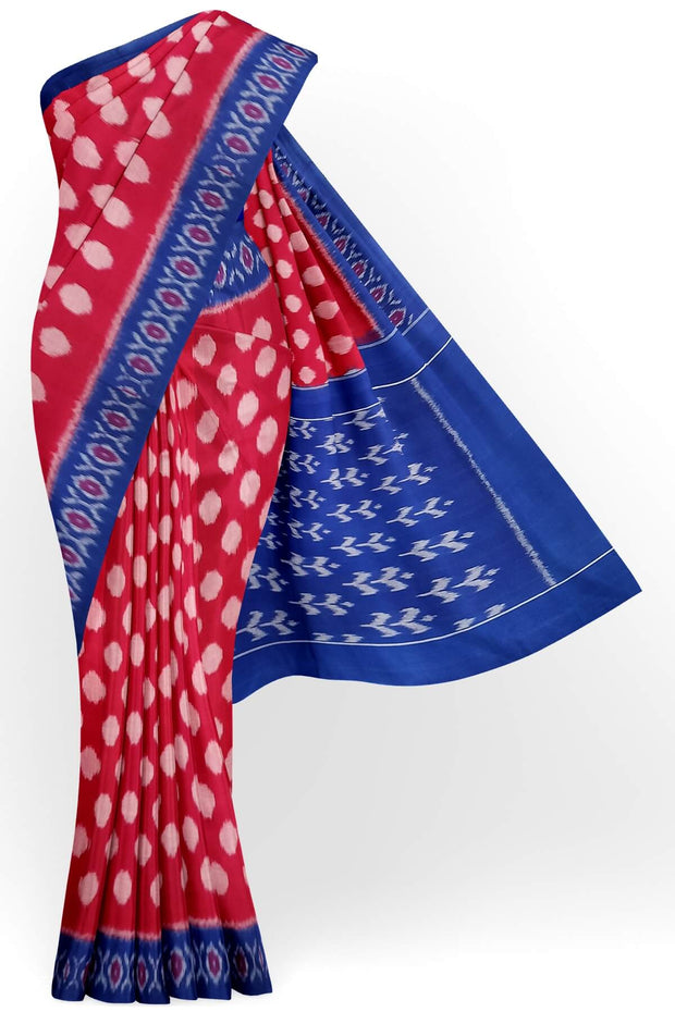 Handwoven ikat pure cotton saree in pink with polka dots