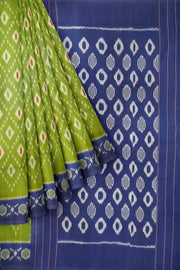 Handwoven ikat pure cotton saree in olive green & blue