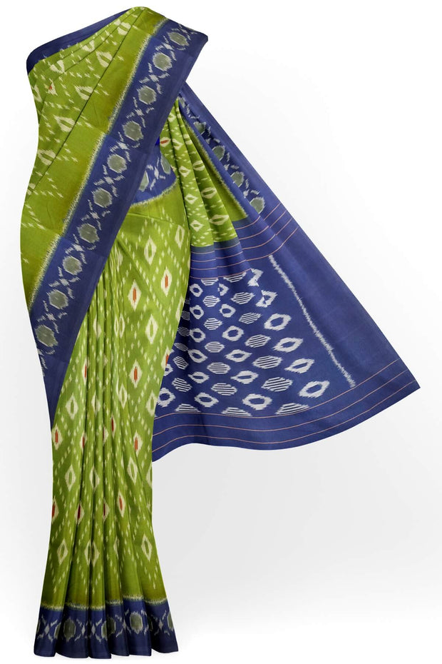 Handwoven ikat pure cotton saree in olive green & blue