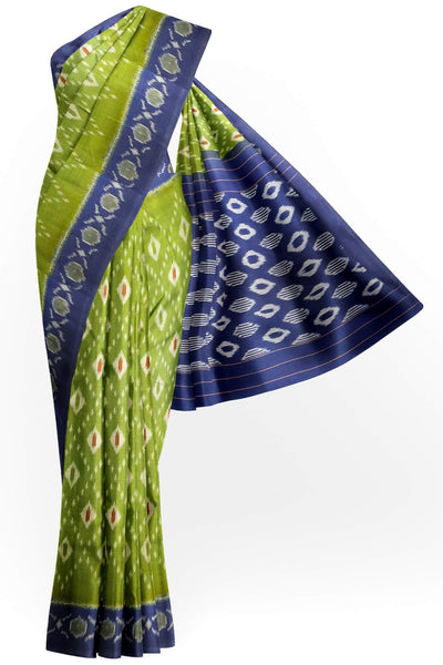 Handwoven ikat pure cotton saree in olive green & blue