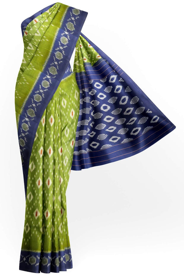Handwoven ikat pure cotton saree in olive green & blue