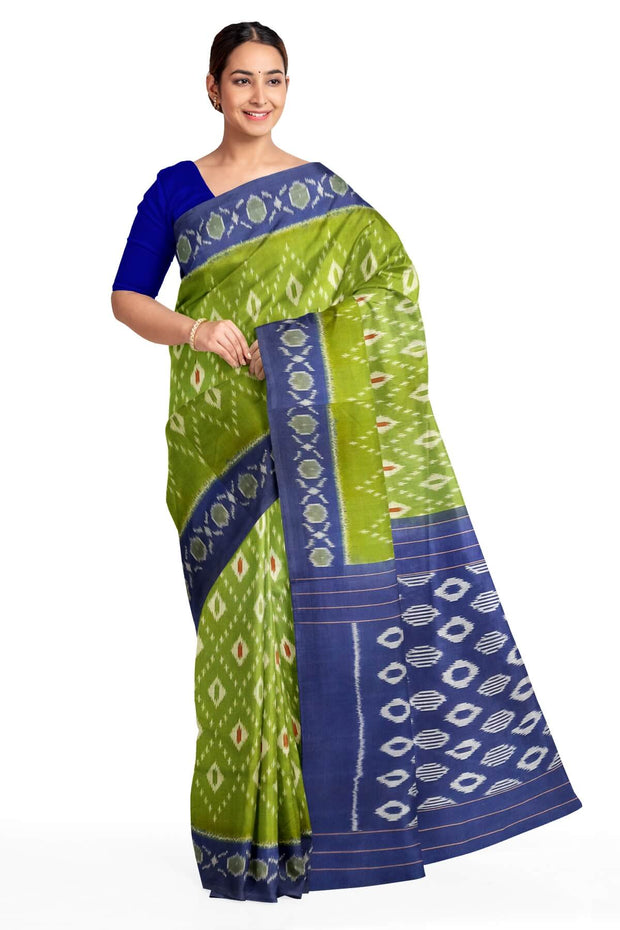 Handwoven ikat pure cotton saree in olive green & blue