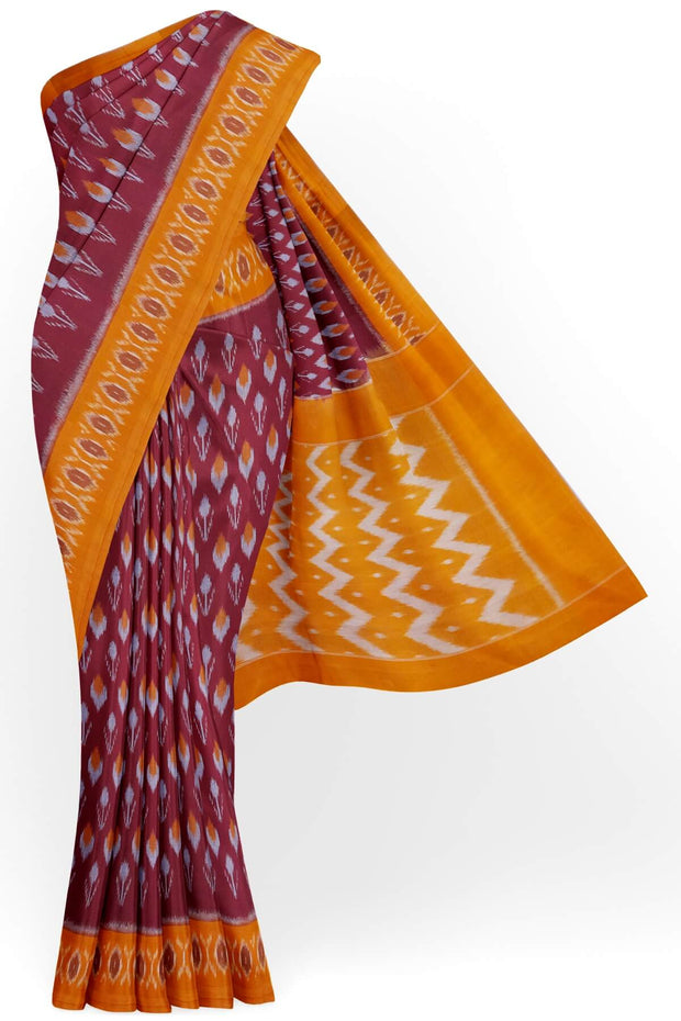 Handwoven ikat pure cotton saree in maroon with floral motifs