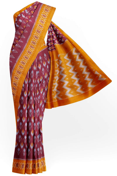 Handwoven ikat pure cotton saree in maroon with floral motifs