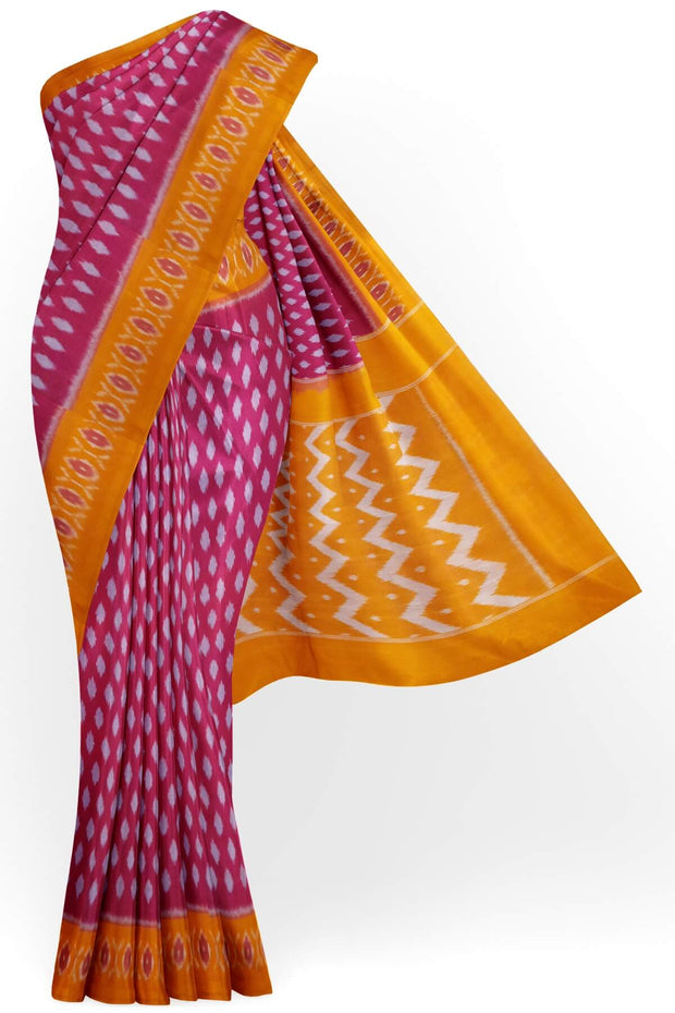 Handwoven ikat pure cotton saree in pink with floral motifs