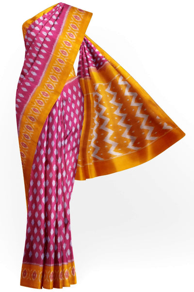 Handwoven ikat pure cotton saree in pink with floral motifs