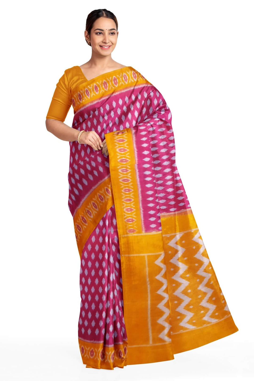 Handwoven ikat pure cotton saree in pink with floral motifs
