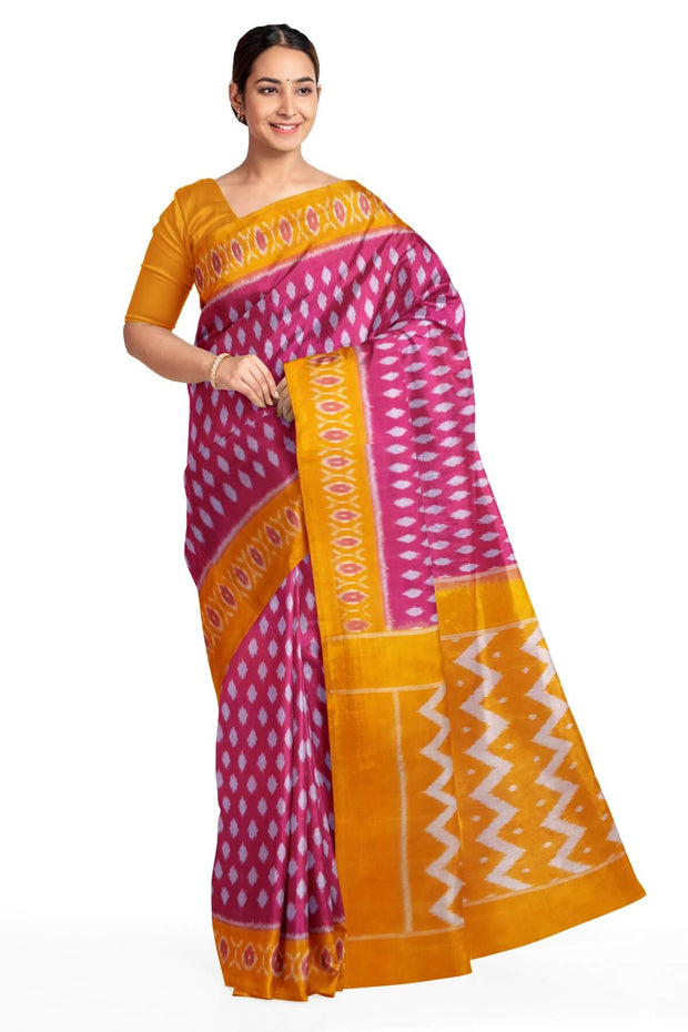 Handwoven ikat pure cotton saree in pink with floral motifs