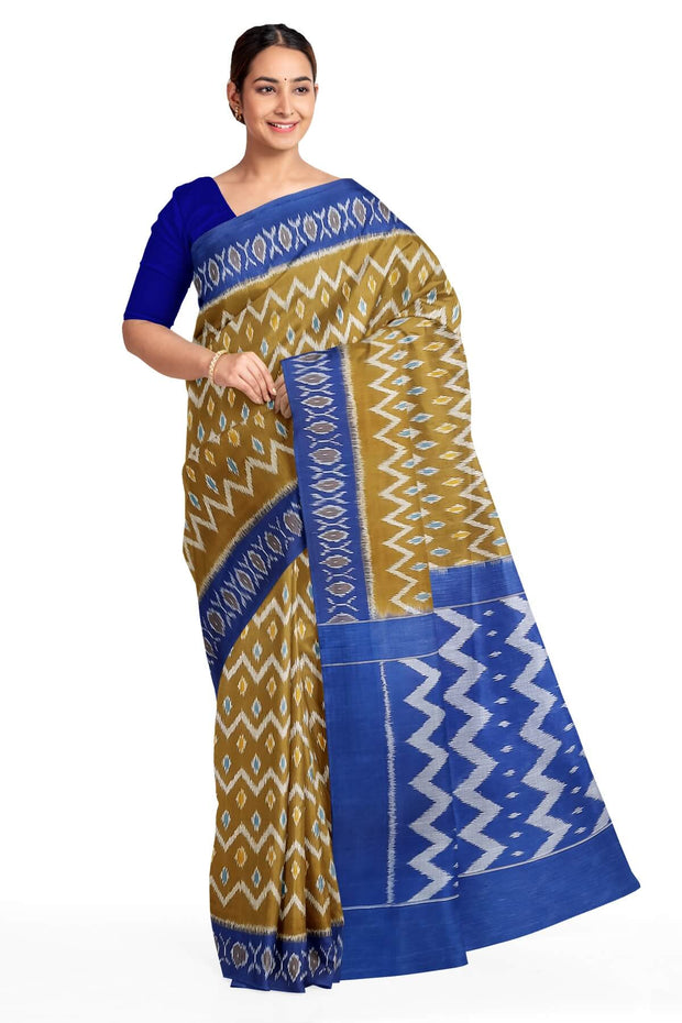 Handwoven ikat pure cotton saree in mehndi green