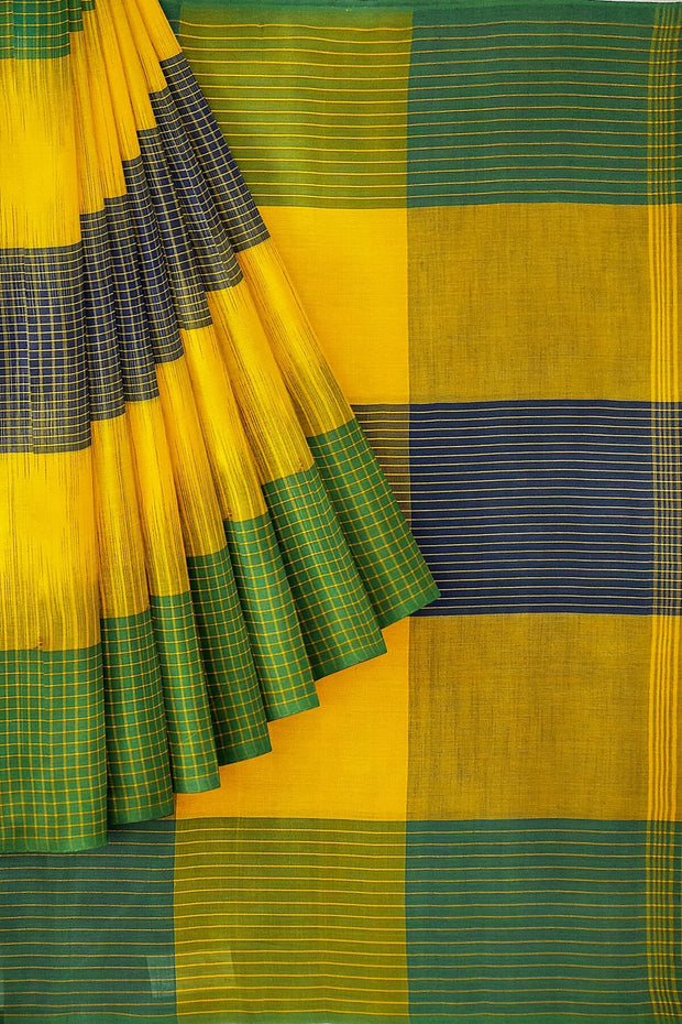 Handwoven ikat khadi cotton saree in yellow