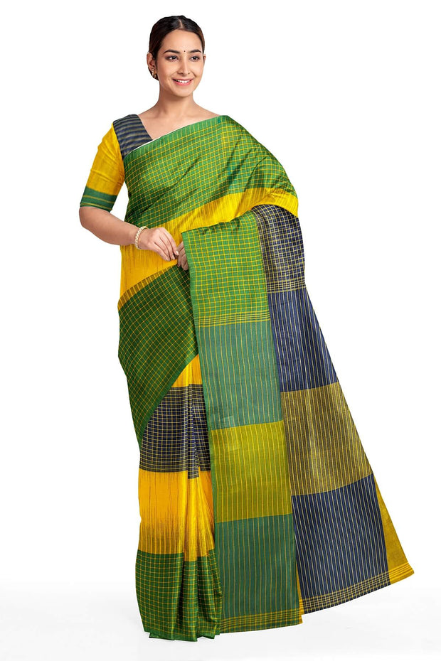Handwoven ikat khadi cotton saree in yellow
