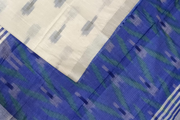 Ikat linen cotton saree in white & blue