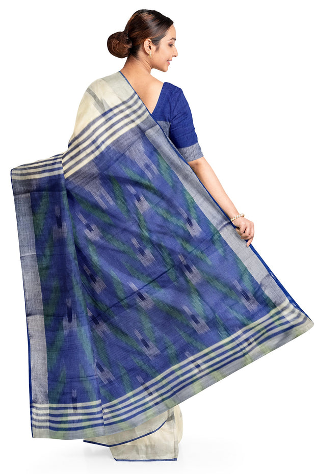 Ikat linen cotton saree in white & blue