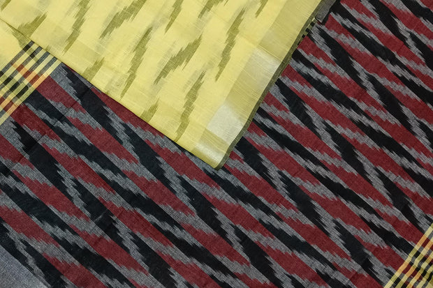 Ikat linen cotton saree in yellow & black