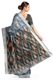 Ikat linen cotton saree in grey & black