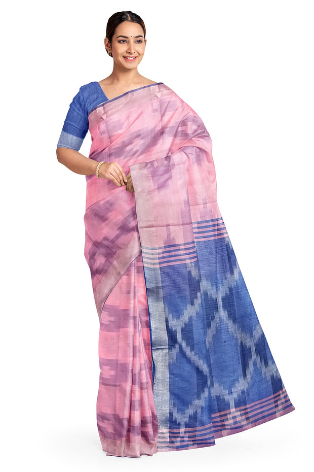Ikat linen cotton saree in pink & blue