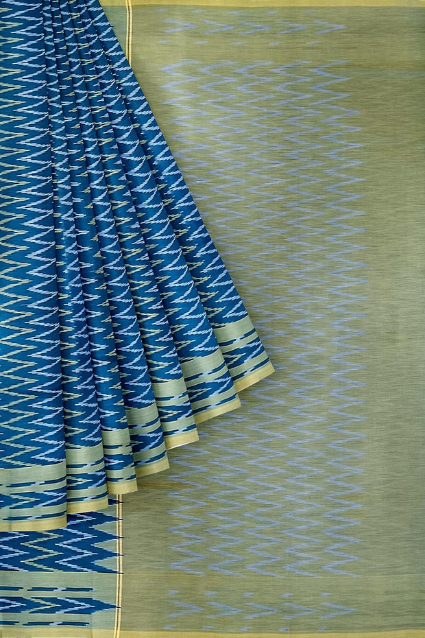 Ikat pure cotton saree in prussian blue in zig zag pattern