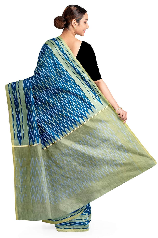 Ikat pure cotton saree in prussian blue in zig zag pattern