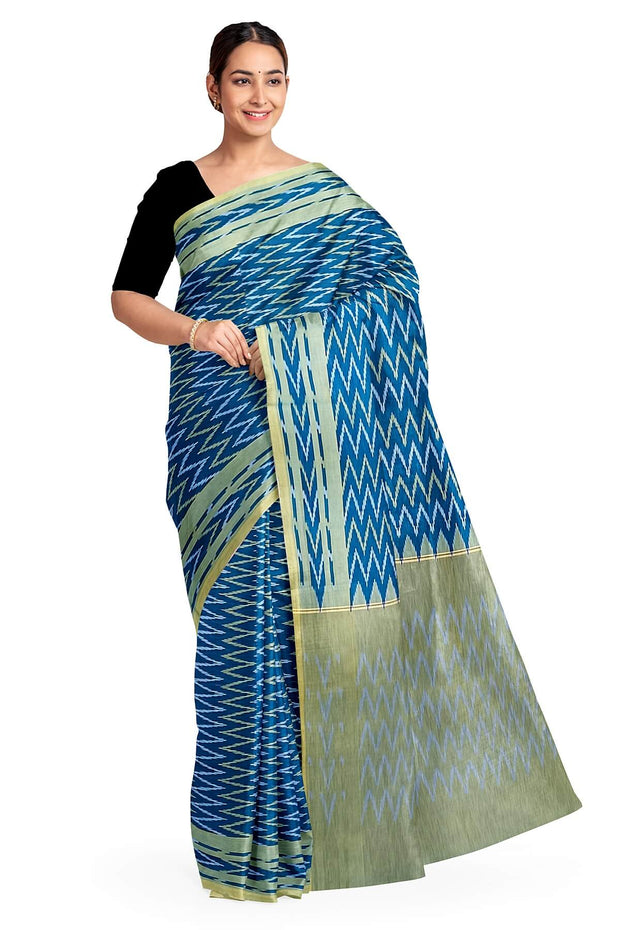 Ikat pure cotton saree in prussian blue in zig zag pattern