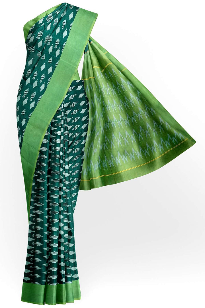 Ikkat pure cotton saree in bottle green