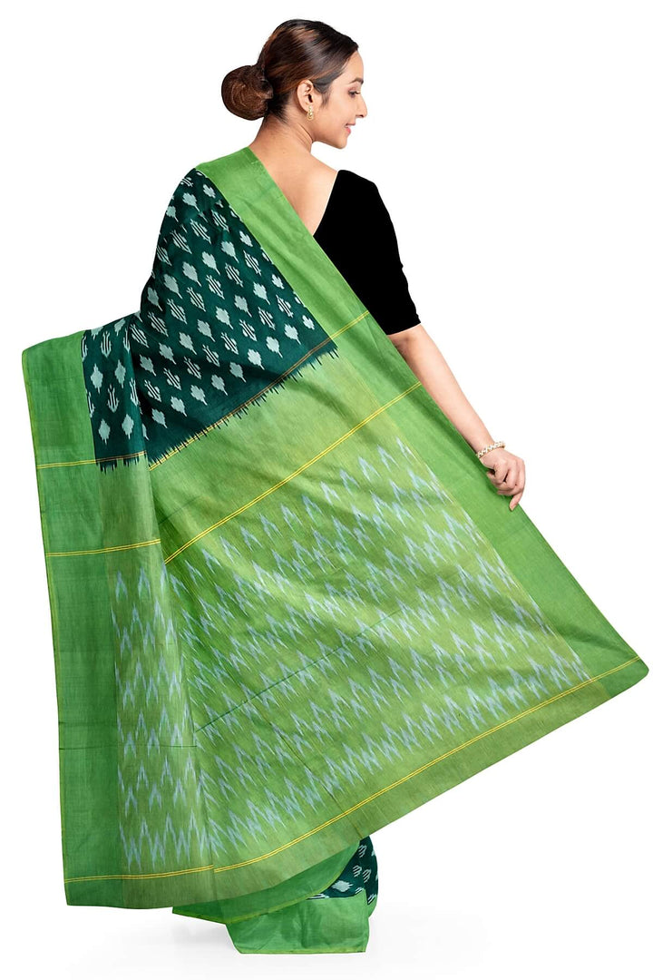 Ikkat pure cotton saree in bottle green