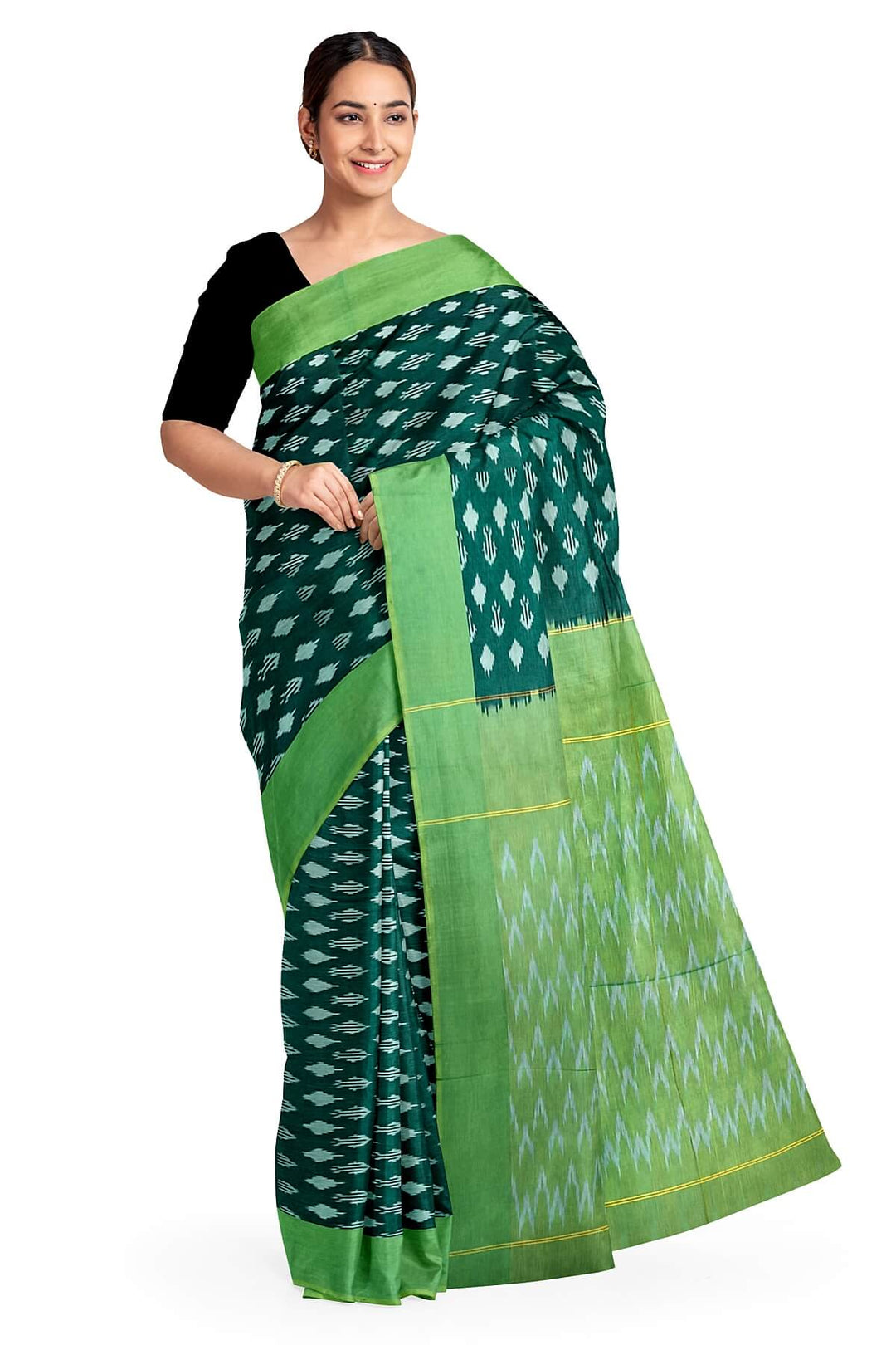Ikkat pure cotton saree in bottle green