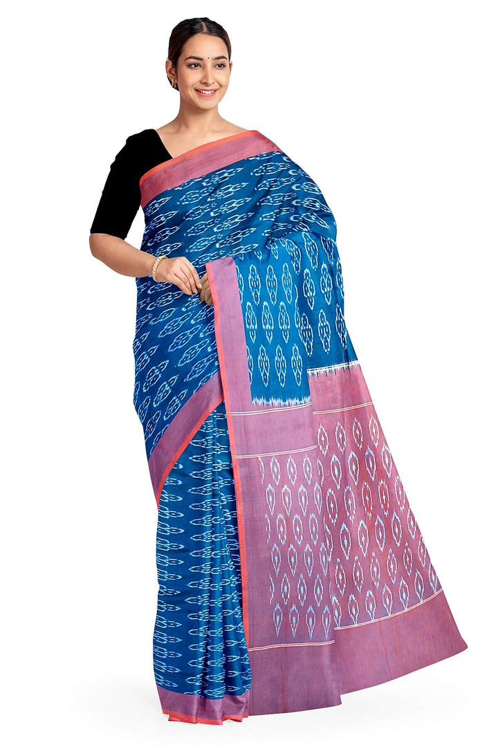Ikkat pure cotton saree in peacock blue