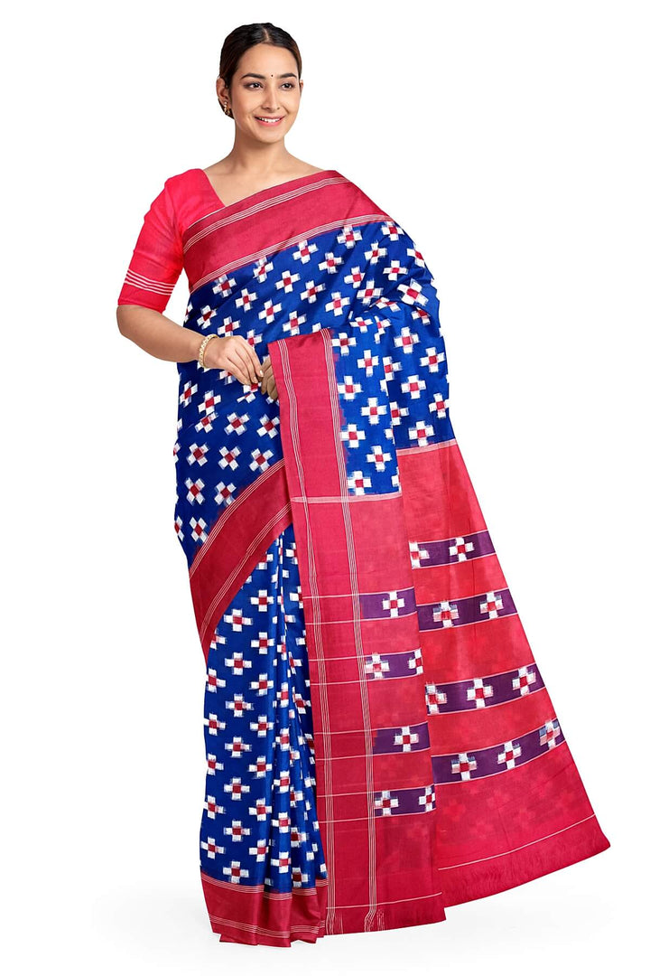 Handwoven double ikkat pure cotton saree in blue