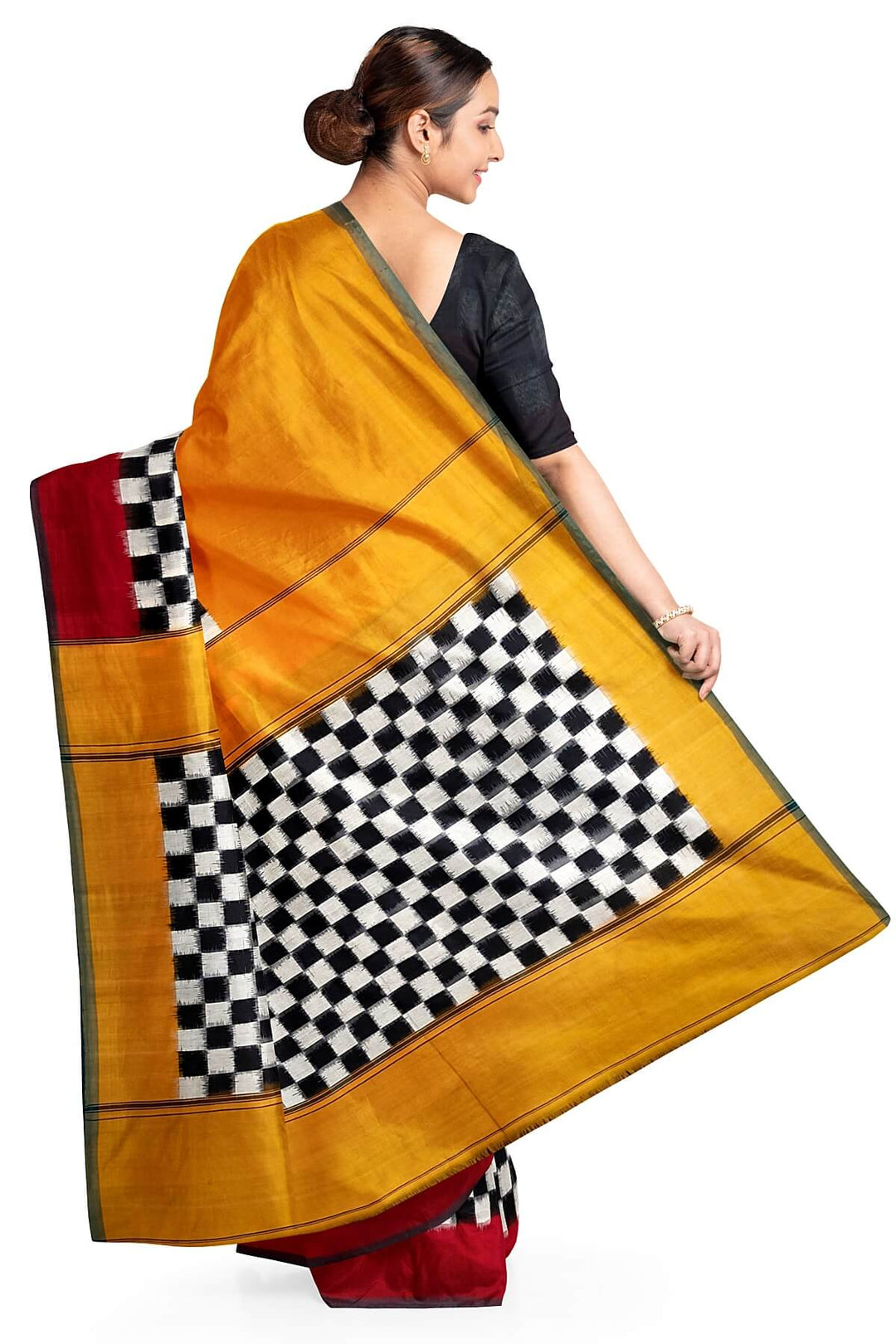 Handwoven double ikkat pure cotton saree in  mustard