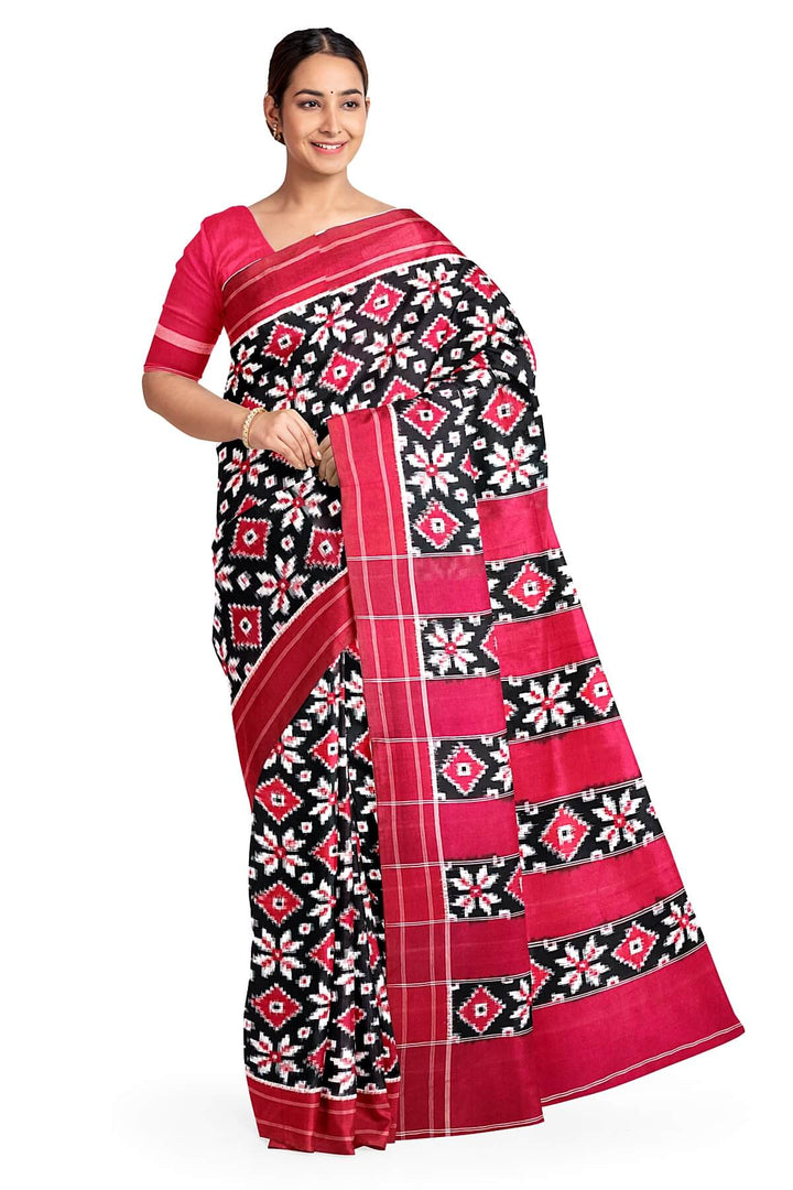 Handwoven double ikkat telia  pure cotton saree in black