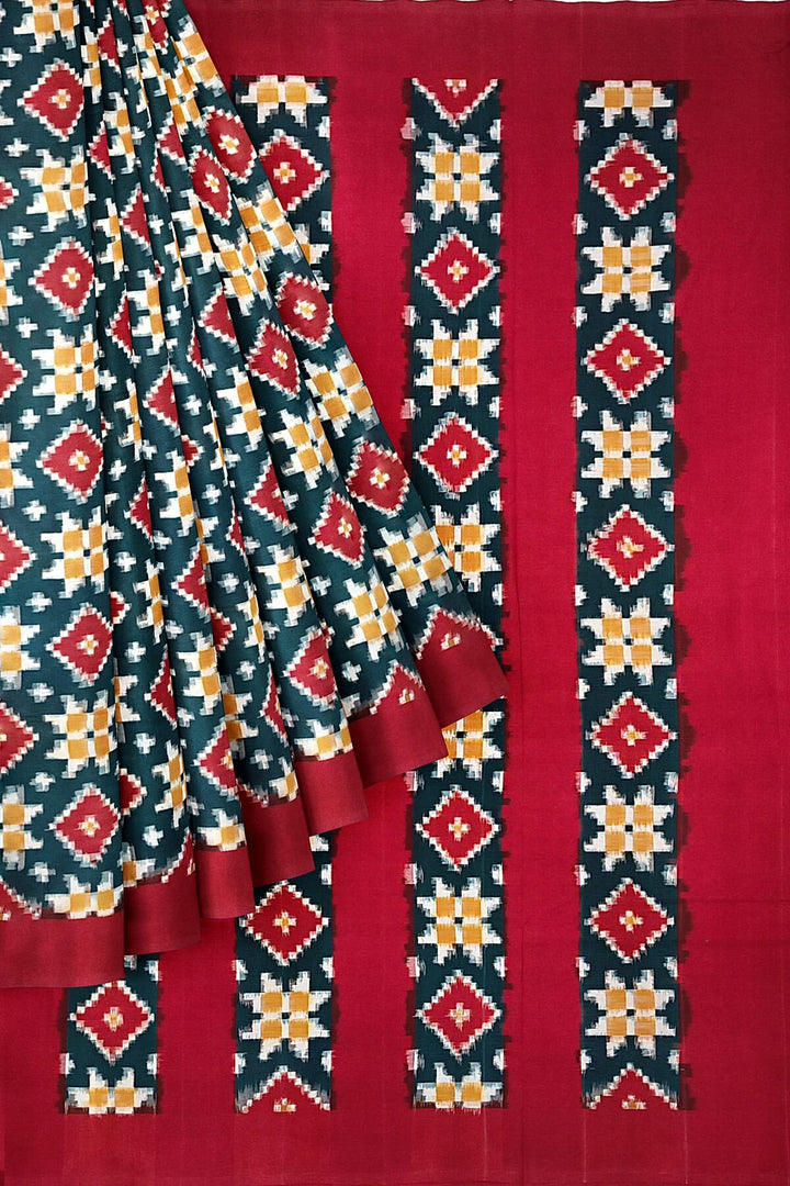 Handwoven double ikkat telia  pure cotton saree in green