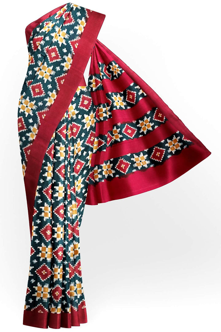 Handwoven double ikkat telia  pure cotton saree in green